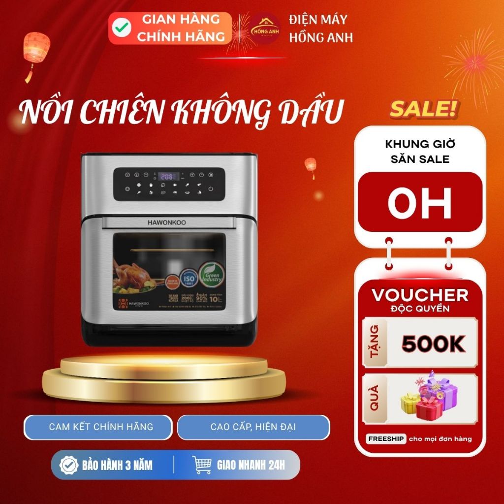 Nồi chiên không dầu Hawonkoo AFH-101 dung tích 10L công suất 1500W, 9 chế độ nấu, công nghệ điện trở