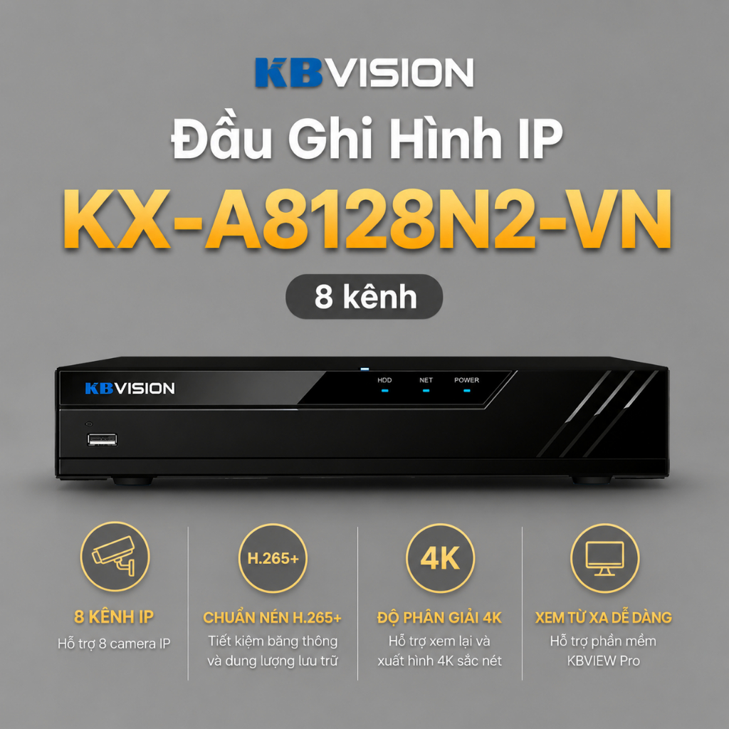Đầu Ghi Hình IP NVR 8 Kênh KBVISION KX-A8128N2-VN Độ Phân Giải 8MP 4K Chuẩn H.265+