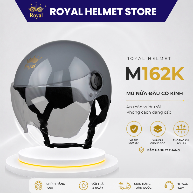Mũ Bảo Hiểm Royal Nửa Đầu Chính Hãng Có Kính M162K Nam Nữ, Nón Bảo Hiểm 1/2 Đầu