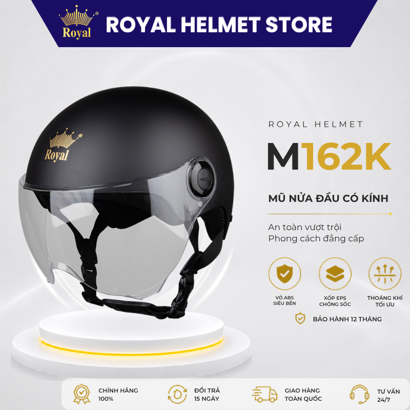 Mũ Bảo Hiểm Nửa Đầu Royal M162K Có Kính Chắn Gió Nam Nữ, Mũ Bảo Hiểm 1/2 Chính Hãng