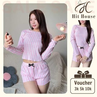 Set đồ ngủ sọc hồng tay dài phối quần đùi nơ ống xòe chất cotton Loungewear, set đồ ngủ tiểu thư HIT HOUSE | HITSE025