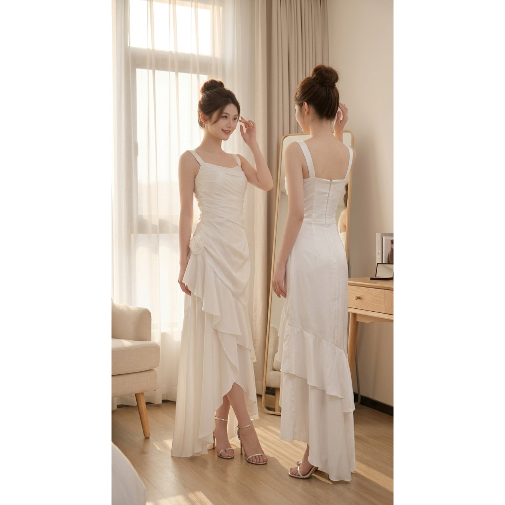 LEE.RIN BOUTIQUE  DP17 ĐẦM PHI 2 DÂY XÉO TÀ ĐÍNH HOA CỰC SANG