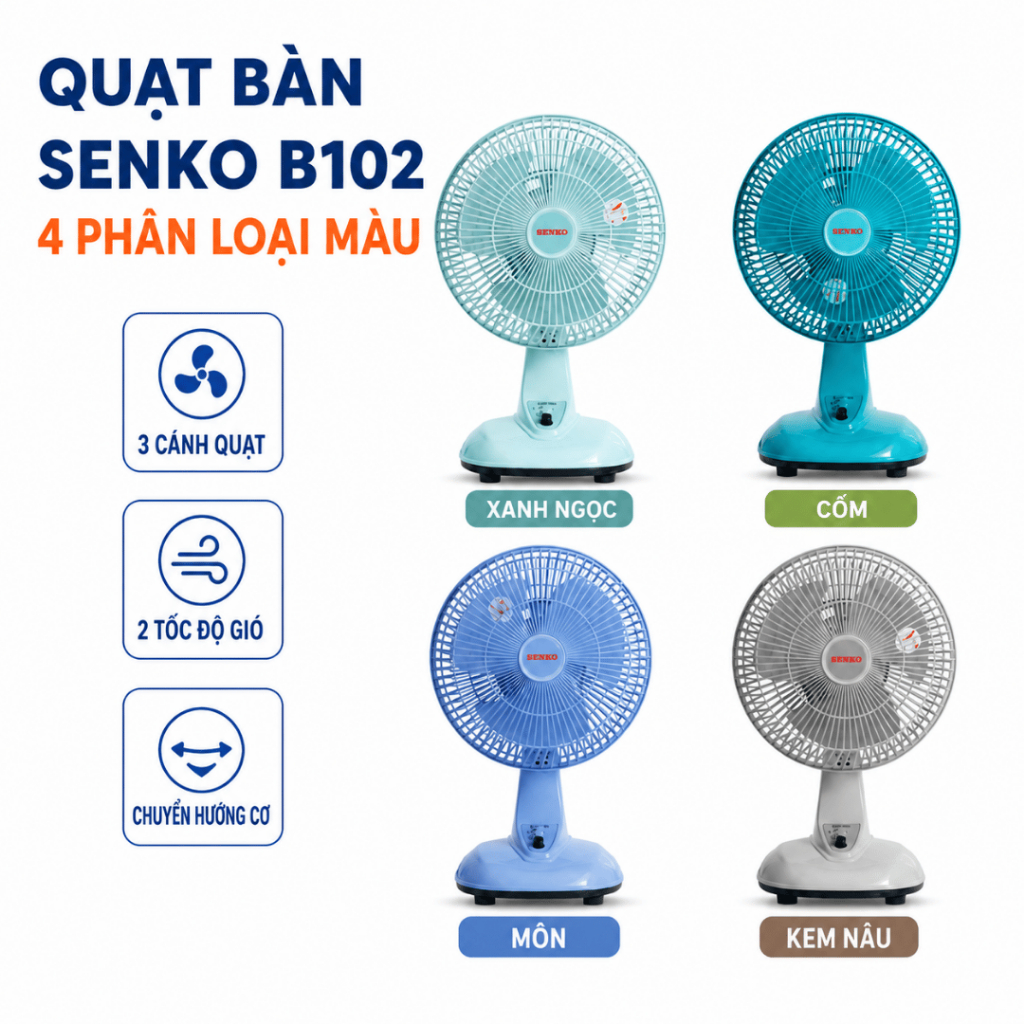 Quạt Bàn Senko B102 Mini Nhỏ Gọn, 3 Cánh, 2 Tốc Độ Gió, Chuyển Hướng Cơ, Hợp Bàn Học, Bàn Làm Việc