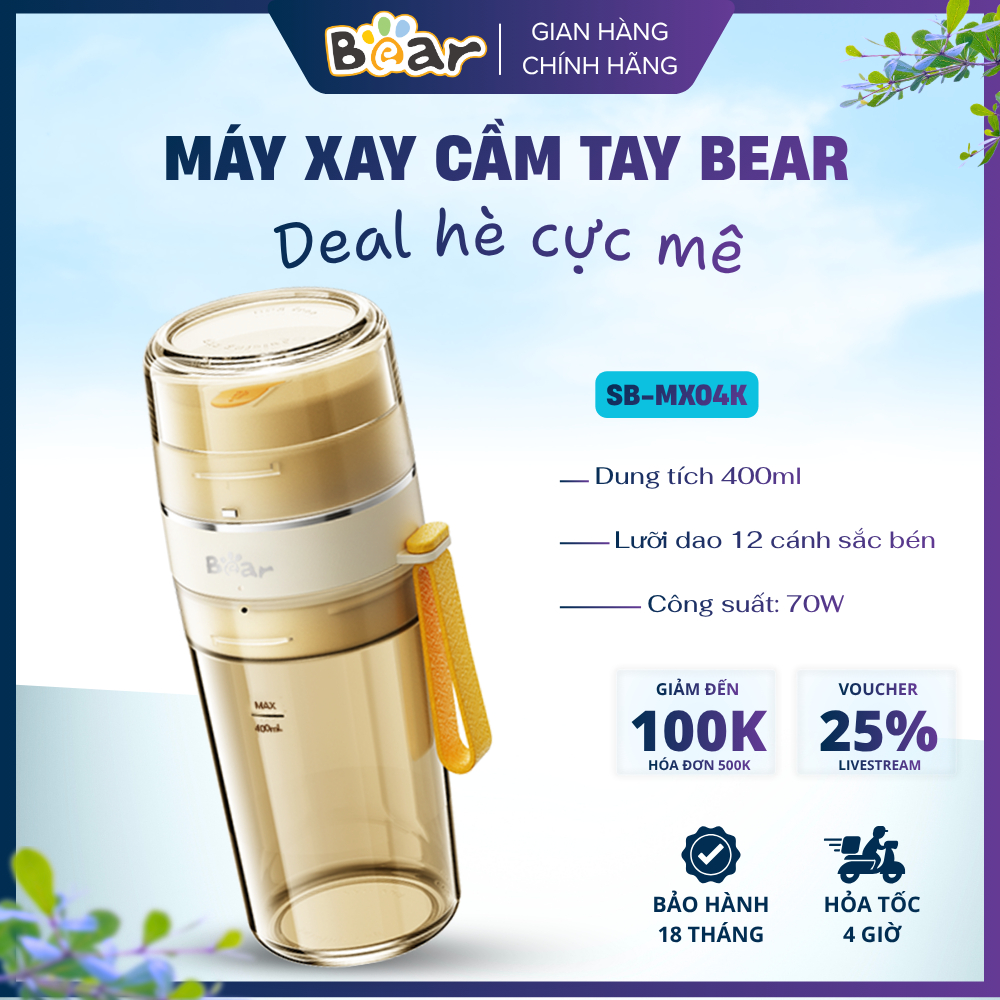 SB-MX04K Máy Xay Sinh Tố Cầm Tay Bear Tích Điện Xay Nước Ép Trái Cây Nhỏ Gọn Cam Kết Chất Lượng