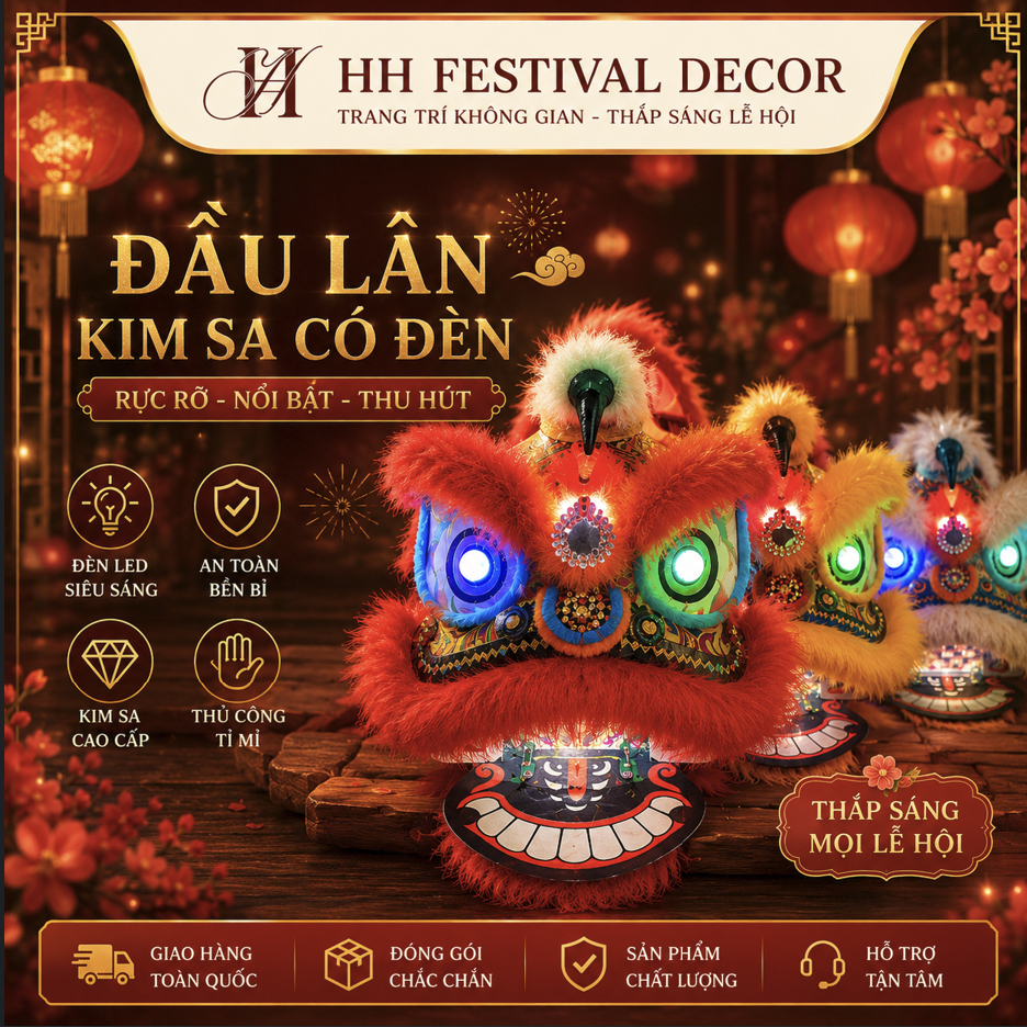 Đầu lân kim sa Mini có đuôi có đèn - Đỏ đô ( đỏ thẫm )