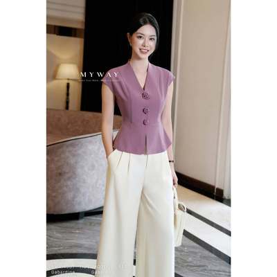 Áo Vest Hè Công Sở Ngắn Tay MY WAY Đính Hoa Bo Eo Thanh Lịch Sang Trọng 5MA14351