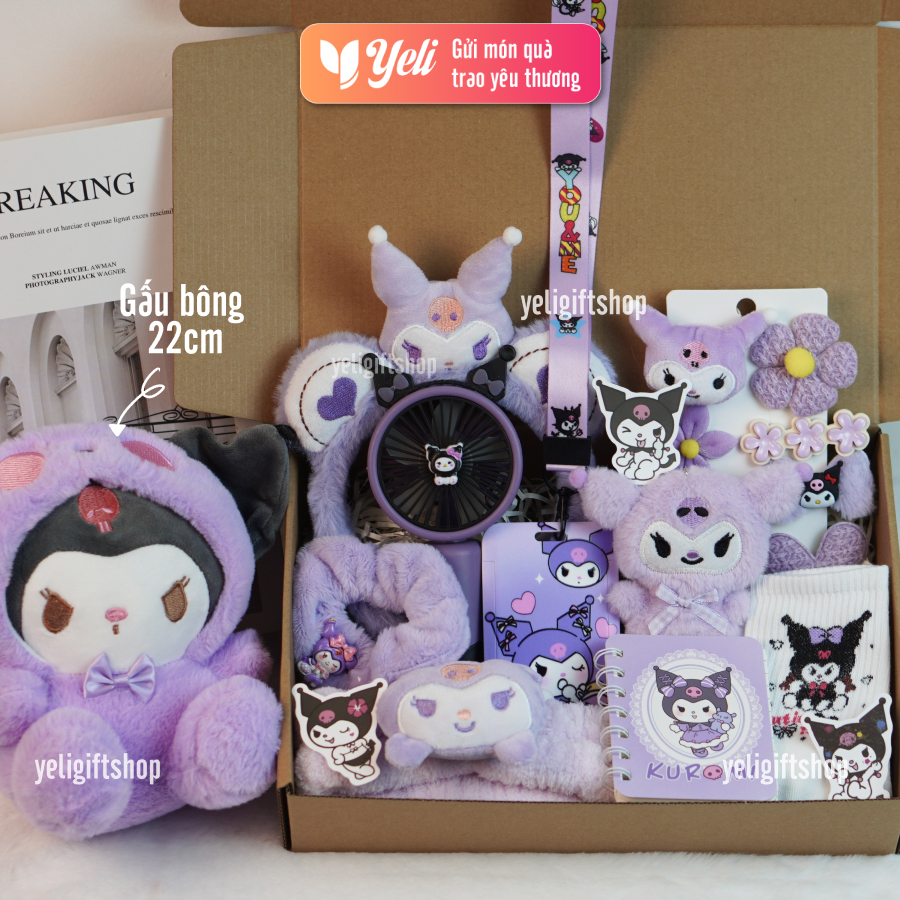 Set quà Kuromi nhiều phụ kiện, Set quà Gấu Kuromi to, Hộp quà Kuromi tặng bé gái, bạn gái, người yêu