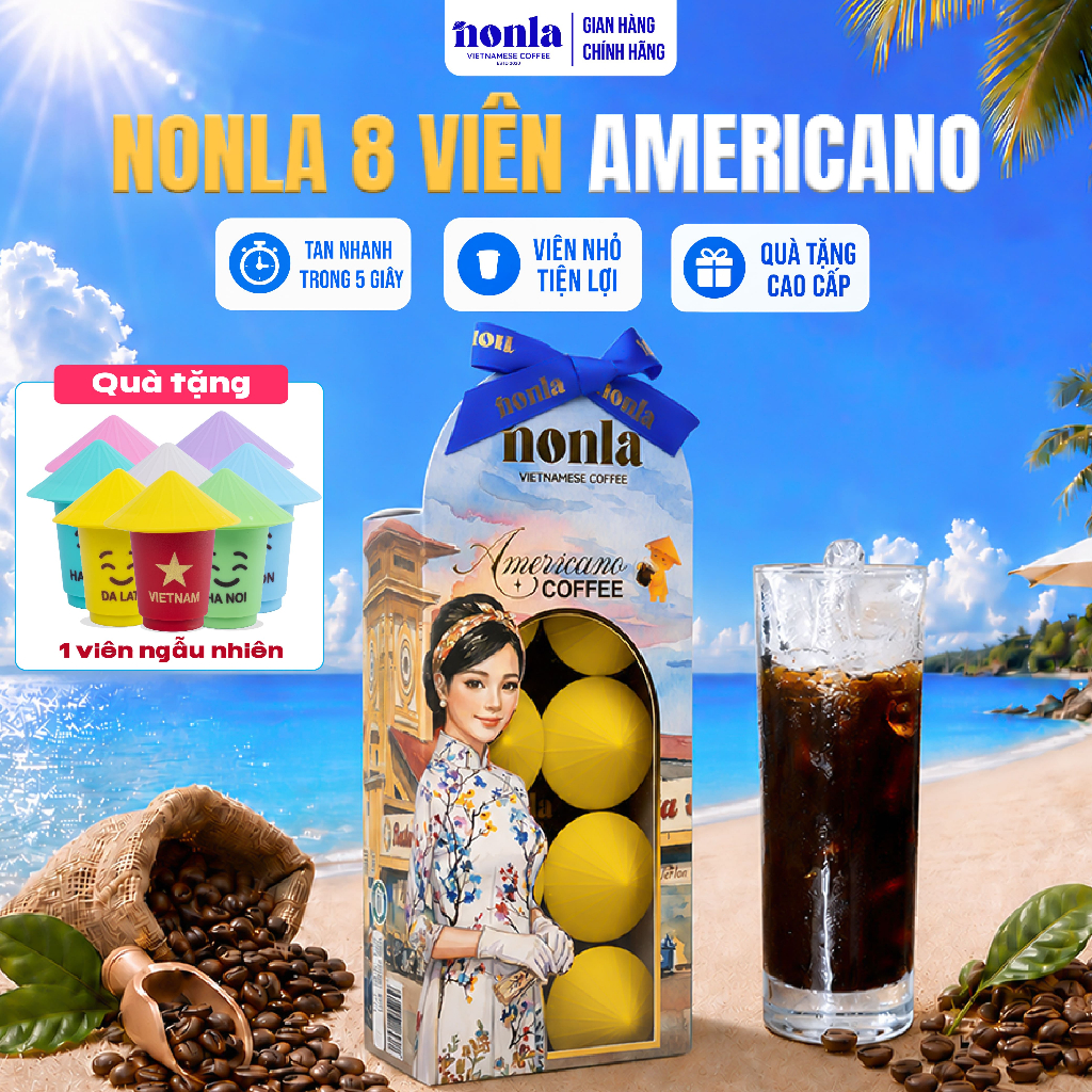 Hộp Cà Phê Hòa Tan Americano Sấy Thăng Hoa NONLA COFFEE Không Đường Tan Trong Nước Lạnh 8 Viên