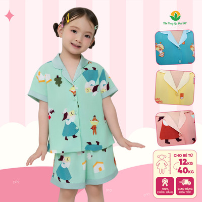 Bộ pijama lanh bé gái mặc nhà  Việt Thắng quần đùi áo cộc tay phối lụa họa tiết dễ thương B63.6095