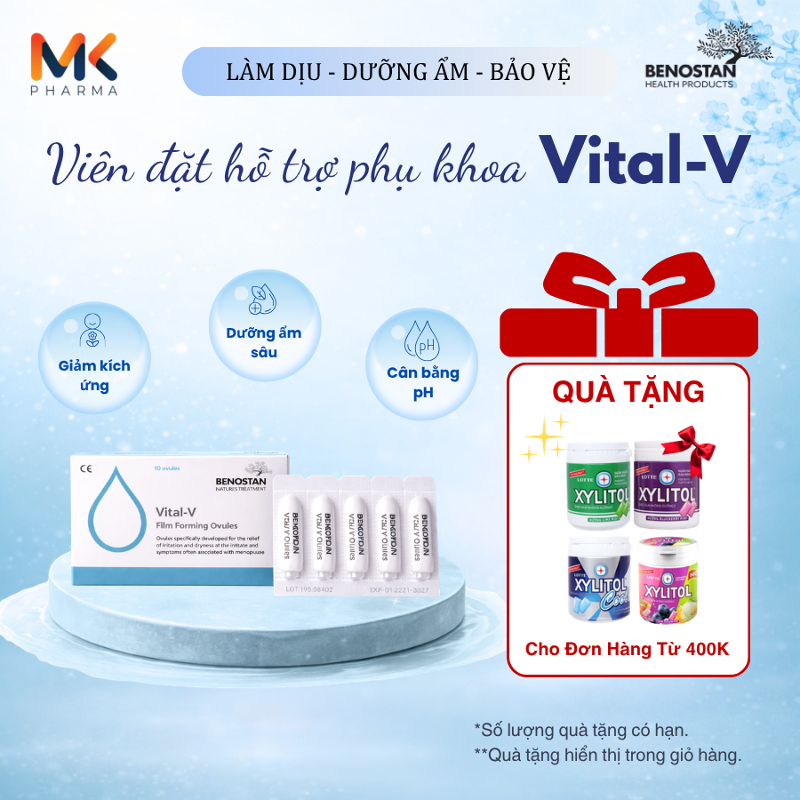 Viên đặt trị khô, nóng rát, đau khi quan hệ, mỏng thành âm đạo VITAL-V FILM FORMING OVULES - Dưỡng ẩ