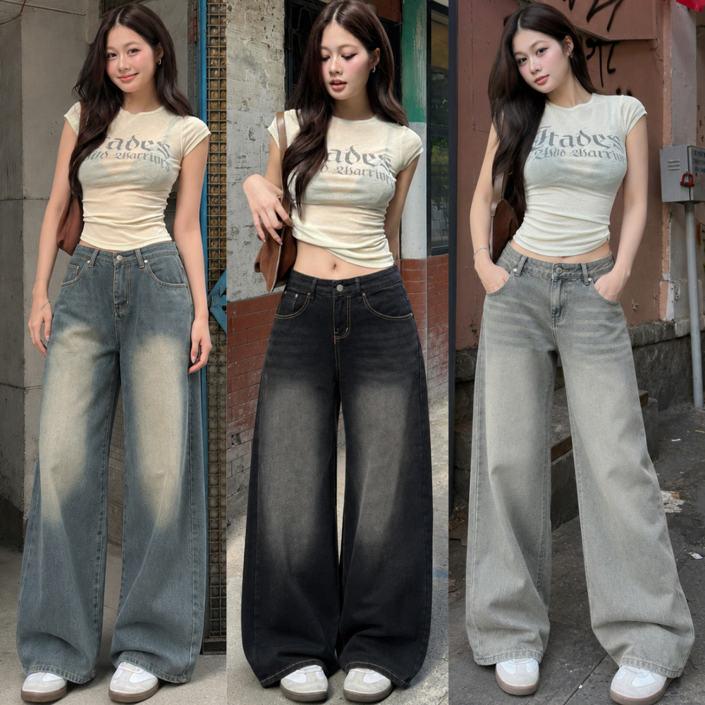 Quần Jeans Dài Wash MIAA Ống Rộng Cạp Cao Tôn Dáng Nam Nữ Unisex, quần bò ống suông hotttrend phong 