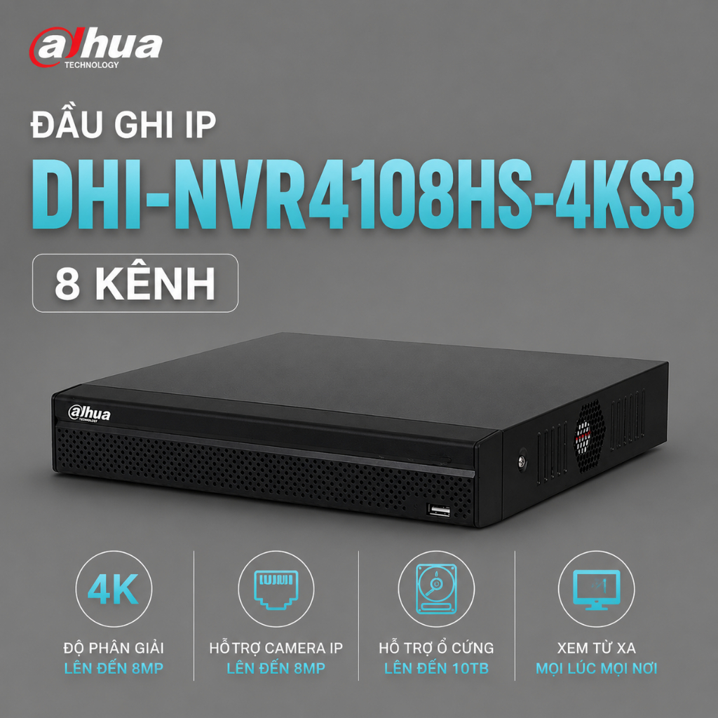 Đầu Ghi Camera IP Dahua DHI-NVR4108HS-4KS3 8 Kênh Hỗ Trợ 4K Xem Từ Xa H.265+ Ổn Định