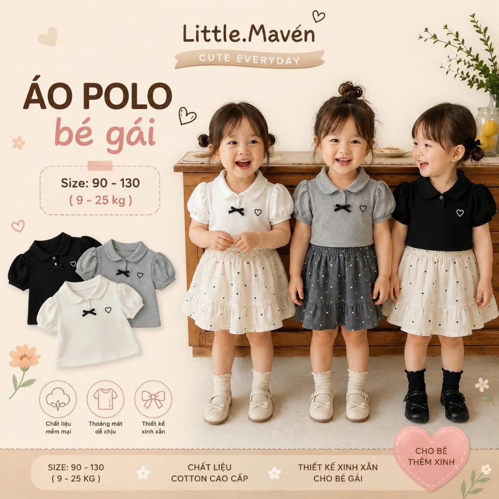 Áo polo bé gái Little Maven áo thun polo cộc tay đi học bé gái phong cách Hàn APL2025