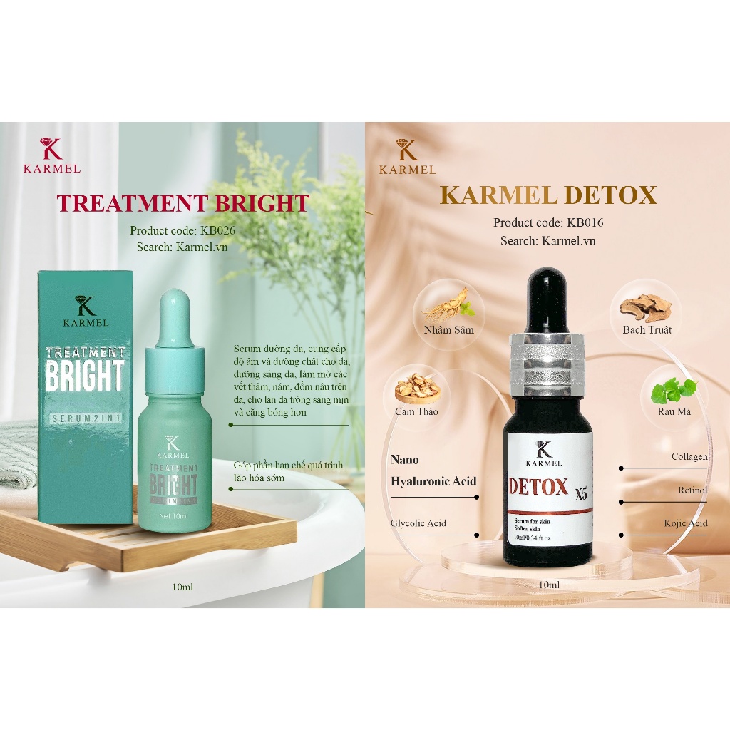 Bộ Serum Mụn Căng Bóng Trắng Da Mờ Thâm Nám loại bỏ da sần Detox Acnes, Treatment Bright Karmel