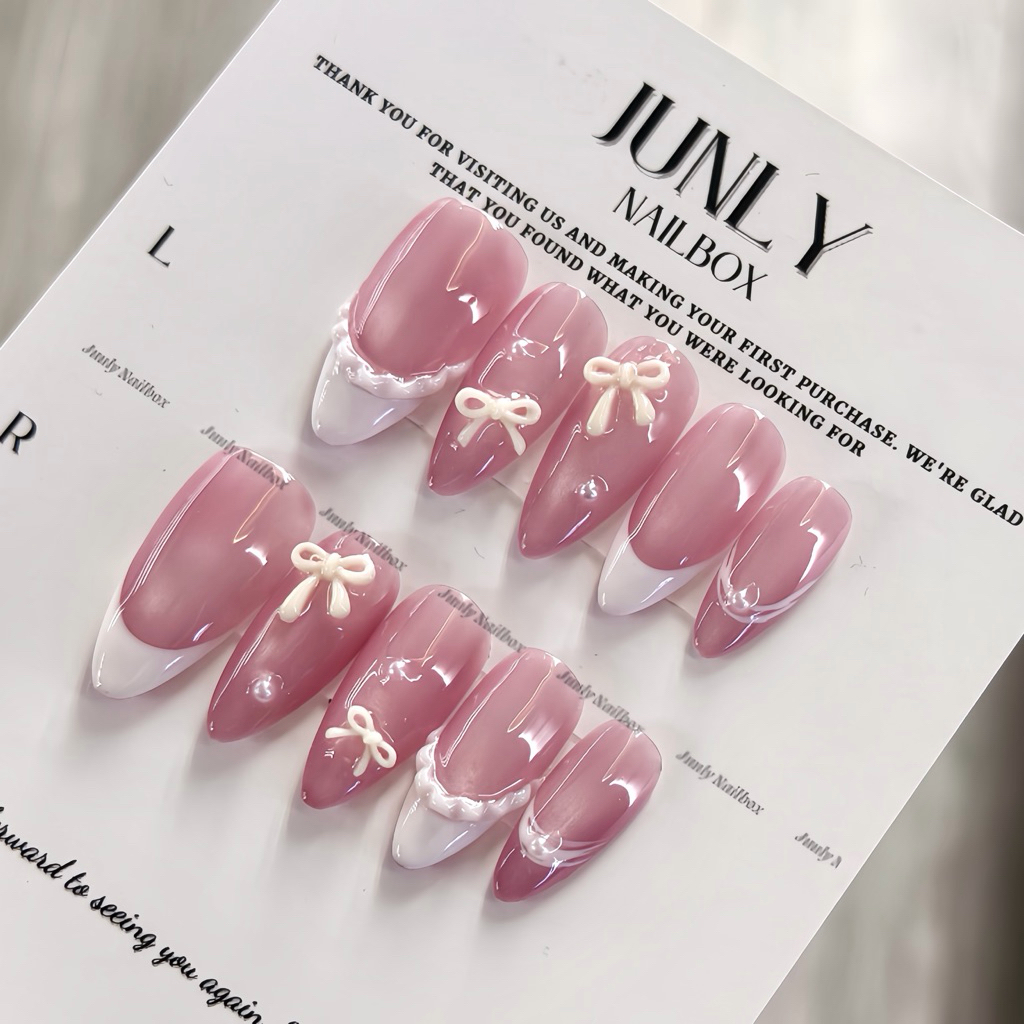 Nailbox thiết kế JUNLY móng tay giả mắt mèo hồng nơ nhẹ nhàng cho nữ mã 892