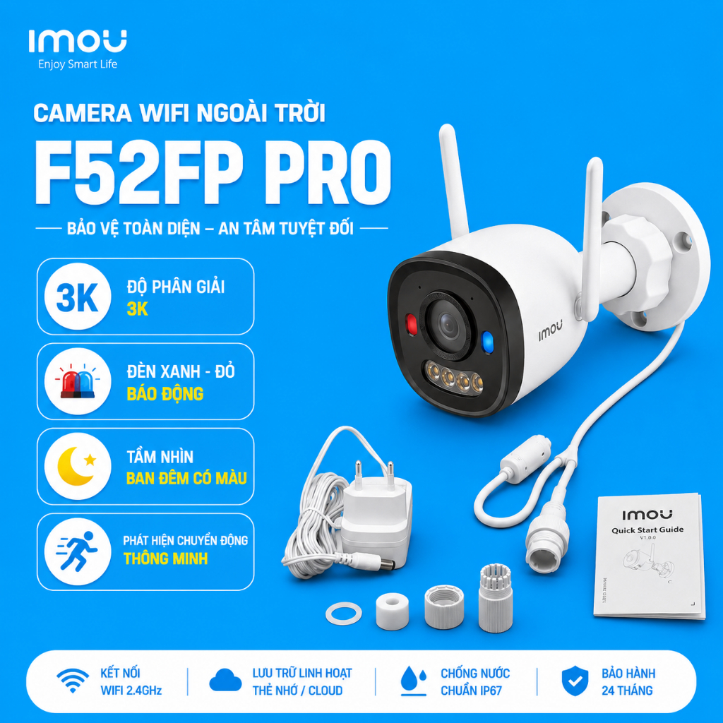(TẶNG HỘP KT)Camera IMOU F52FP PRO/F52FP Ngoài Trời 5MP 3K WiFi 6,Có Màu Đêm,Đàm Thoại 2 Chiều,IP67