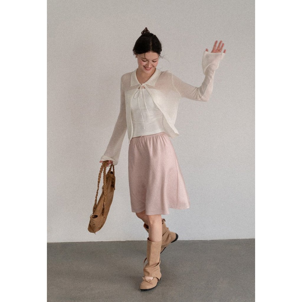 [EGGKA] Áo cardigan dệt kim dài tay dáng xòe, cổ ve áo, thắt eo EGGKA, mỏng nhẹ, chống nắng, đơn giả