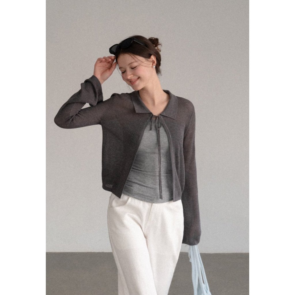 [EGGKA] Áo cardigan dệt kim dài tay dáng xòe, cổ ve áo, thắt eo EGGKA, mỏng nhẹ, chống nắng, đơn giả