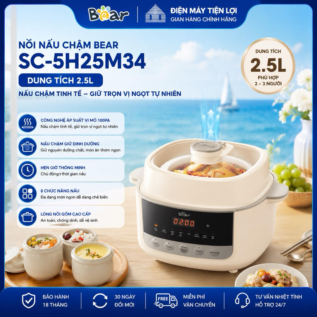 Nồi Nấu Chậm Bear 2.5L SC-5H25M34 Hầm Cách Thủy 4 Thố Sứ Nấu Cháo Dưỡng Sinh BH 18 Tháng