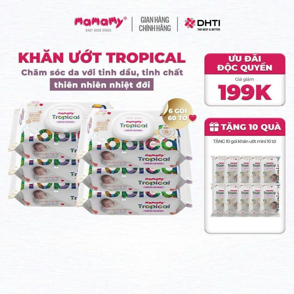 [MUA 6 TẶNG 10] MUA 6 gói khăn ướt Mamamy Tropical 60 tờ TẶNG 10 gói khăn ướt Tropical mini 10 tờ