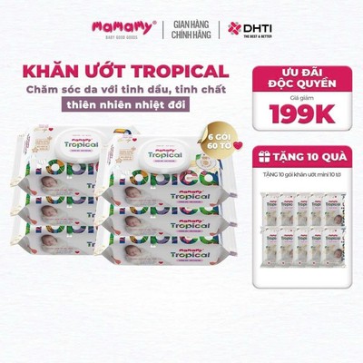 [MUA 6 TẶNG 10] MUA 6 gói khăn ướt Mamamy Tropical 60 tờ không mùi TẶNG 10 gói khăn ướt Tropical mini 10 tờ