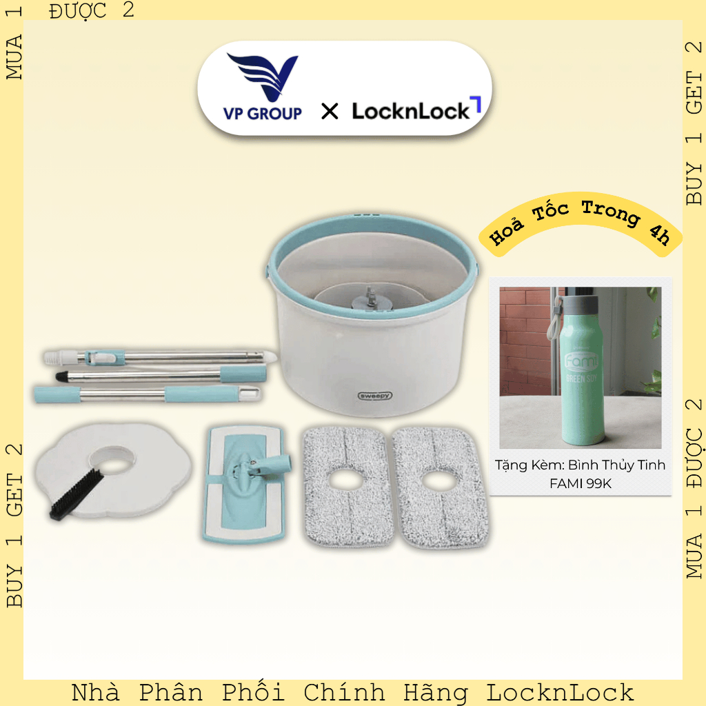 [HÀNG CHÍNH HÃNG] Cây lau nhà LocknLock Compact Spin Mop, 2.5L, màu Xanh - ETM973 (VPG)