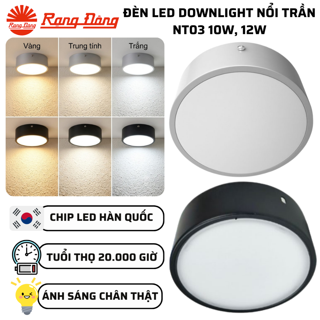 Đèn LED Downlight nổi trần tròn Viền trắng/Đen 10W, 12W Trang trí Sáng trắng, Đổi màu Rạng Đông NT03