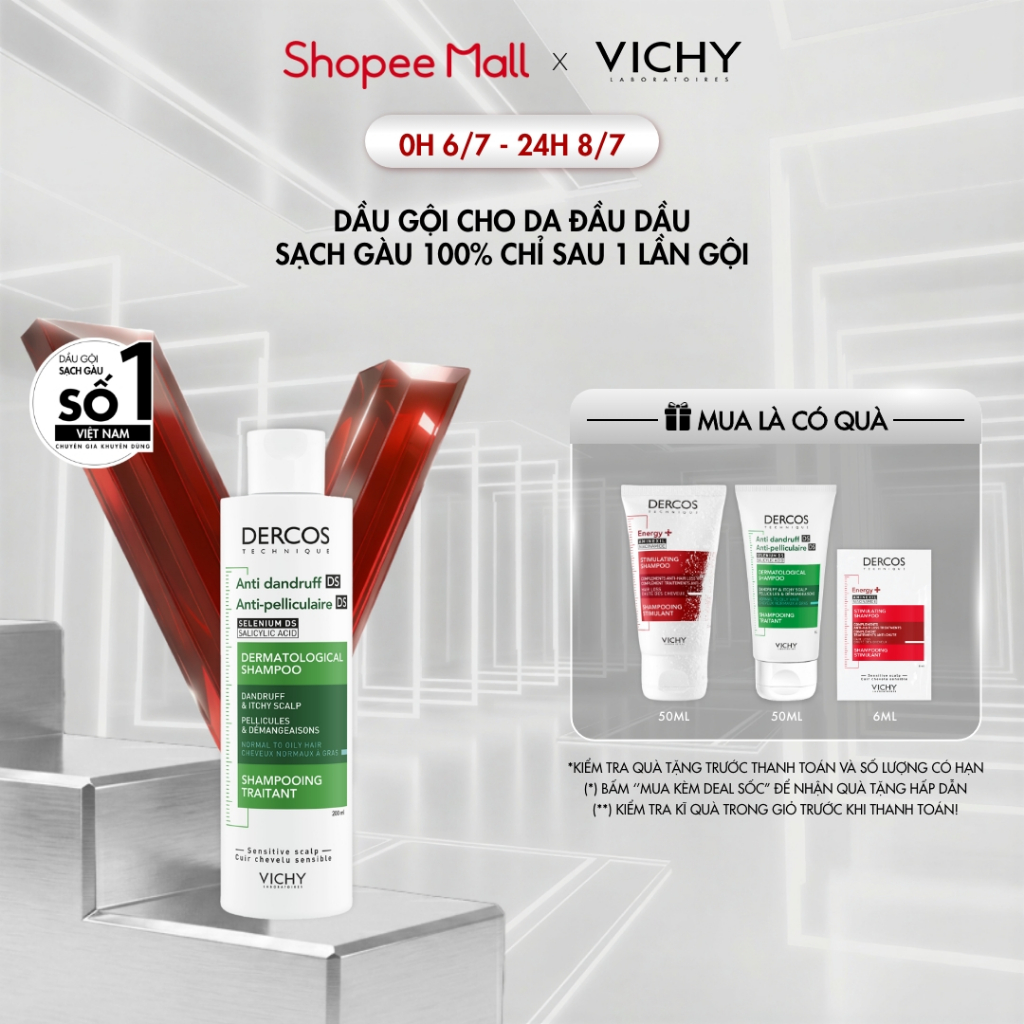 Dầu gội sạch gàu Dercos VICHY 100% chỉ sau 1 lần gội dành cho da dầu & ngứa, SỐ 1 Việt Nam chuyên gia khuyên dùng 200ml
