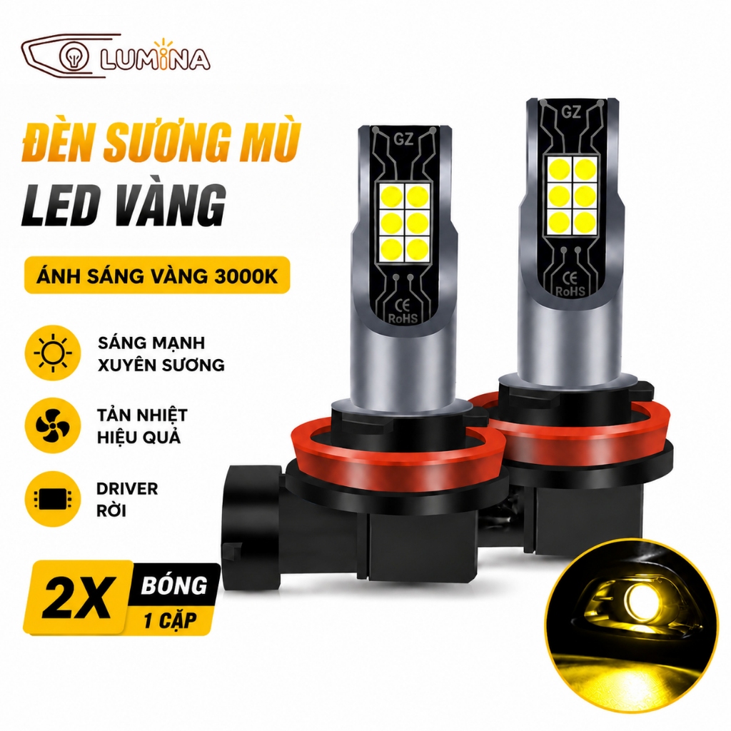 1 Cặp Đèn Sương Mù LED Vàng 3000K Sáng Mạnh Xuyên Sương Tản Nhiệt Hiệu Quả H1 H7 H8/H9/H11 9005/HB3 