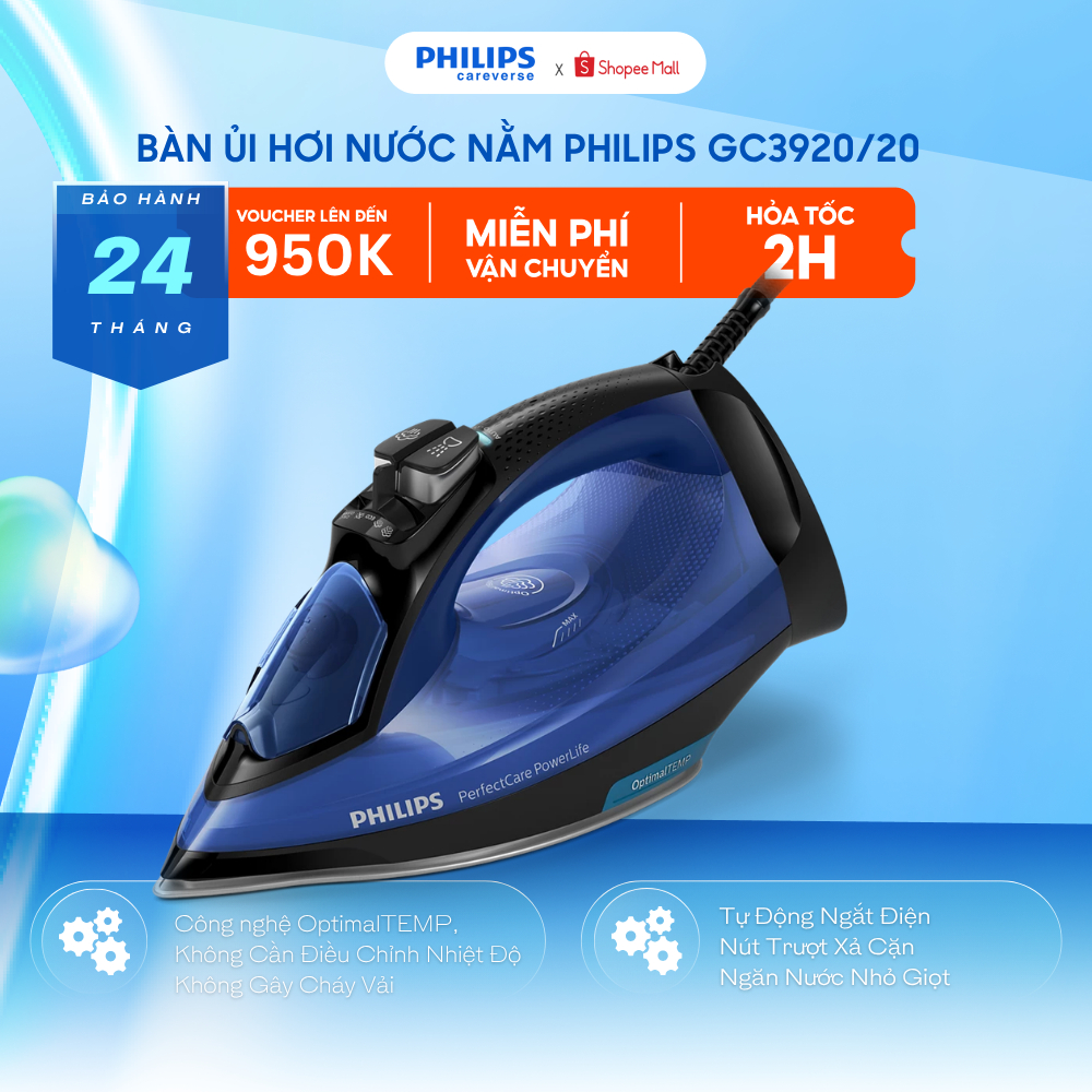 Bàn Ủi Hơi Nước Nằm Philips GC3920/20 2500W -  Công Suất Phun Mạnh, Tự Chỉnh Nhiệt Không Cháy Vải