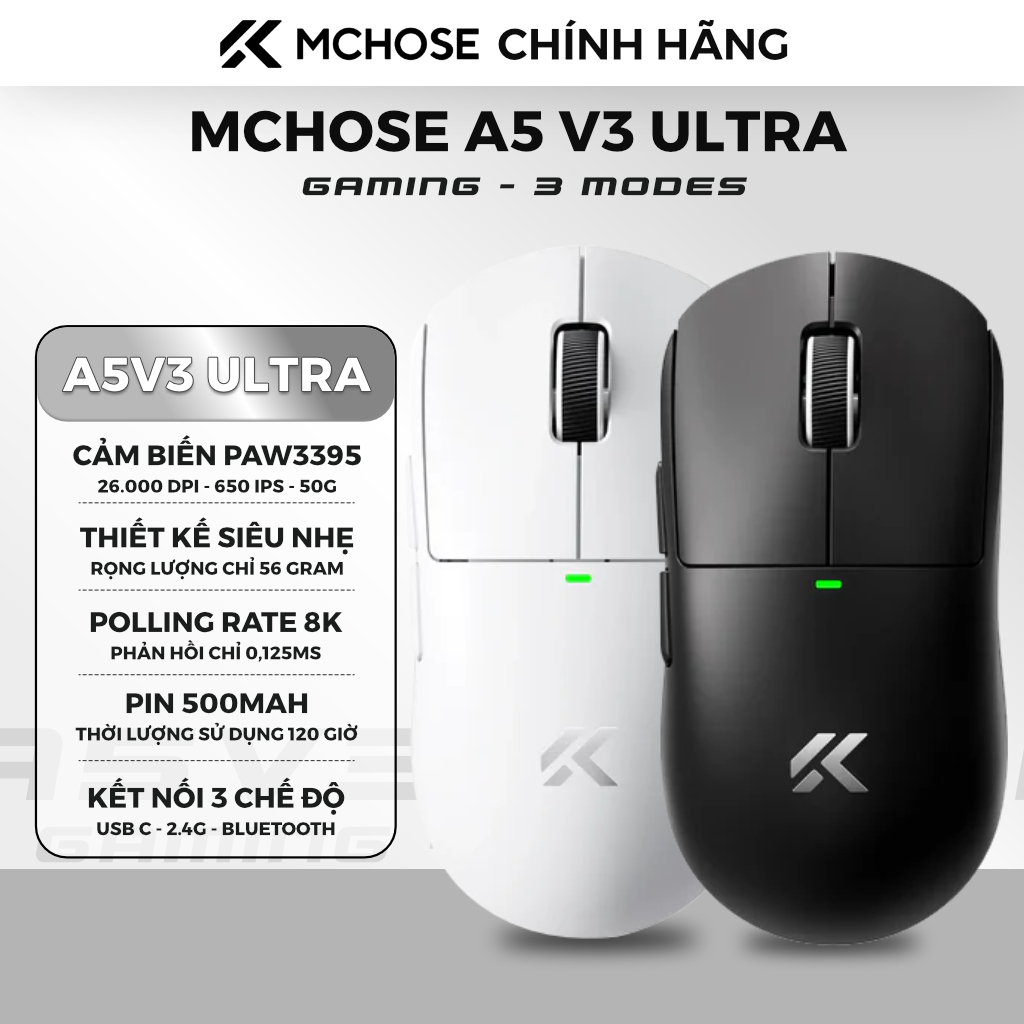Chuột gaming MCHOSE A5 V3 Ultra Black | PAW3395 | 8KHz | 56g | Tri-mode | FPS eSports | Chính hãng b