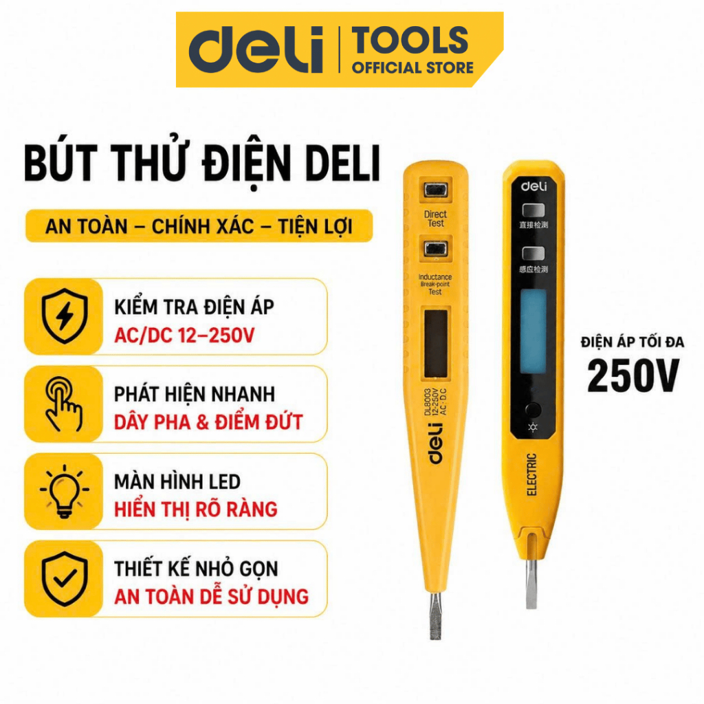 Bút Thử Điện Deli Chính Hãng 12-250V - Màn Hình Hiển Thị LED Kỹ Thuật Số Thuận Tiện - DL8005/EDL8003