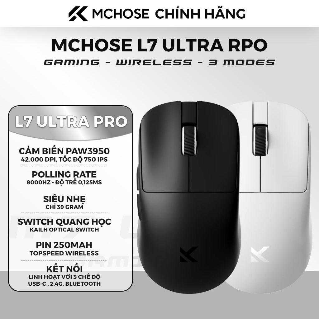 Chuột Gaming Siêu Nhẹ MCHOSE L7 Pro - 3 Chế Độ Kết Nối, Cảm Biến Cao Cấp Độ Nhạy Cao