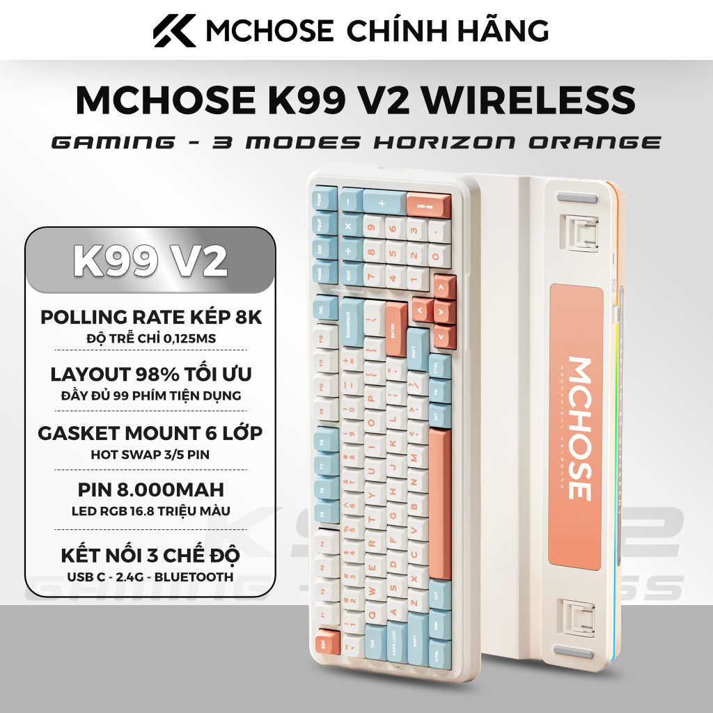 Bàn phím cơ MCHOSE K99 V2 98% Horizon Orange | Tri-mode | 10000mAh | RGB gaming | Chính hãng bảo hàn