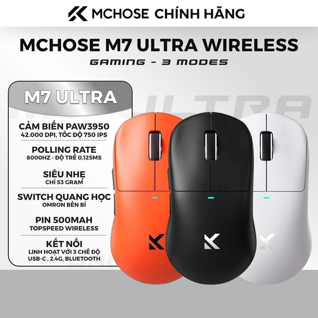 Chuột gaming MCHOSE M7 Ultra Wireless không dây| PAW3950 8000Hz siêu nhẹ | Chính hãng bảo hành 12 th