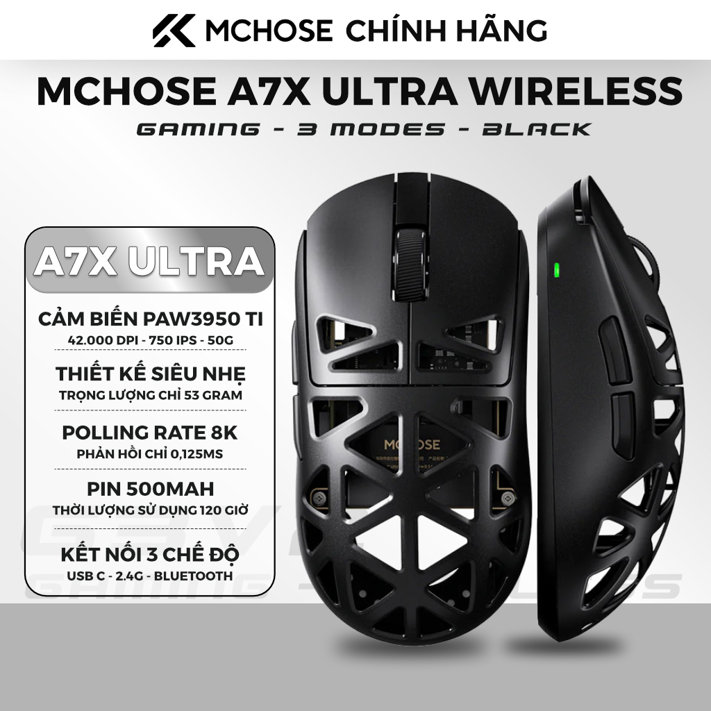 Chuột Gaming MCHOSE A7X Ultra Wireless - Black - 3 Modes