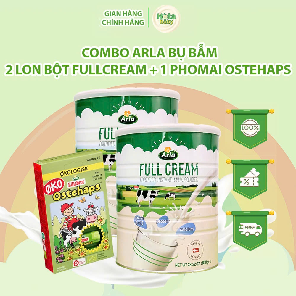 [TẶNG PHÔ MAI XANH] Combo Arla Bụ Bẫm 2x Sữa Arla Full Cream 800g Tặng 1 Hộp Phô Mai Hữu Cơ Arla Org