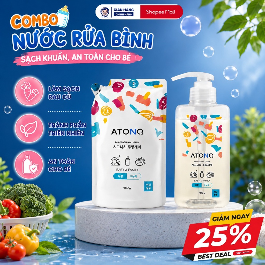 Combo 2 nước rửa bình sữa thuần chay Atono2 Hàn Quốc, nước rửa bình, chén bát…