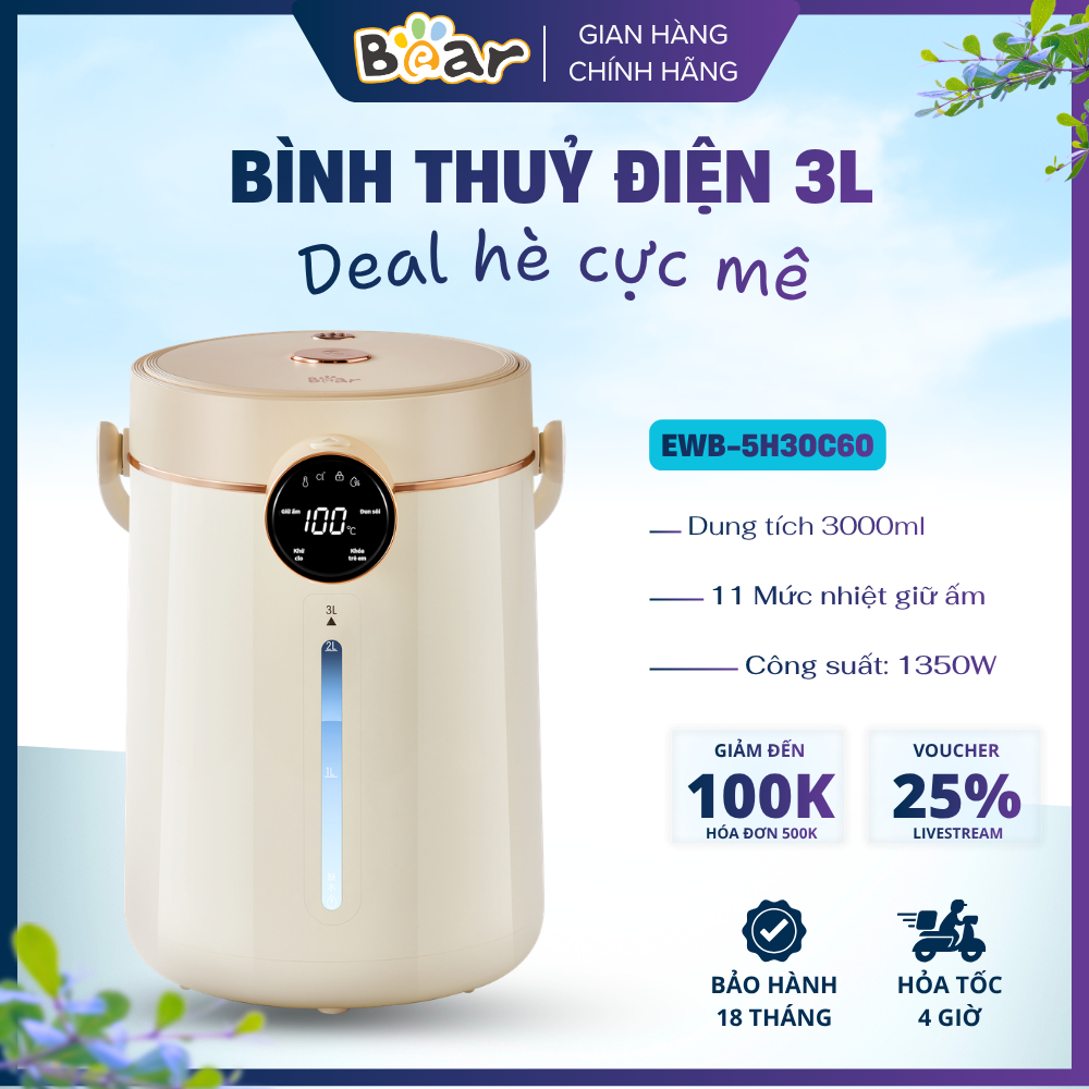 EWB-5H30C60 Bình Thủy Điện Bear 3L Ruột Inox 304 Công Nghệ Ion Bạc Kháng Khuẩn Hàng Chính Hãng