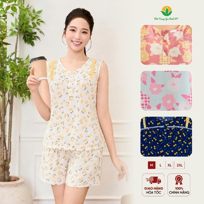 Bộ lanh nữ mặc nhà Việt Thắng, quần đùi áo sát nách họa tiết thoáng mát - B02.6062