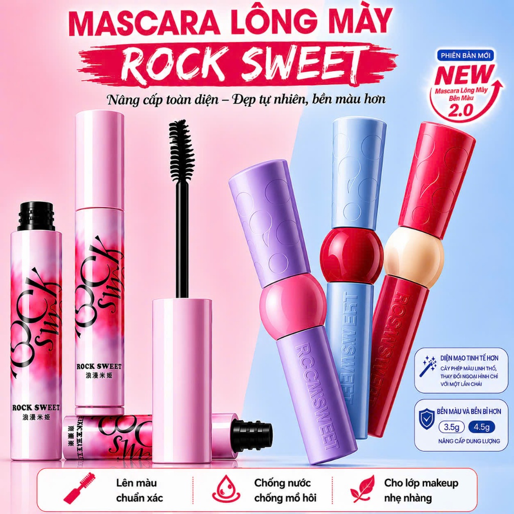 Mascara lông mày ROCK SWEET với chất gel lì mịn, định hình giữ nếp cả ngày, giữ màu lâu, không lem, chống nước 3,5g
