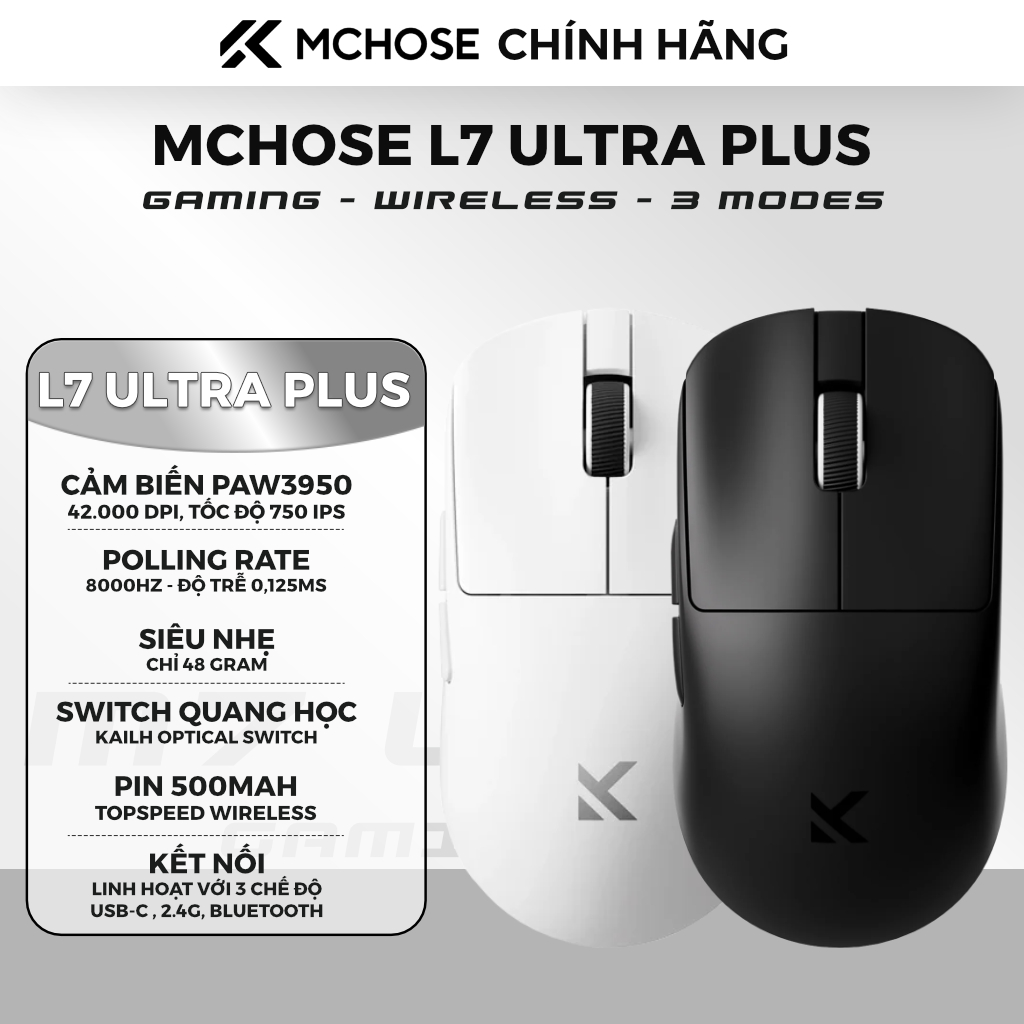 Chuột Gaming Siêu Nhẹ MCHOSE L7 Ultra Plus - 3 Chế Độ Kết Nối, Trọng Lượng Siêu Nhẹ