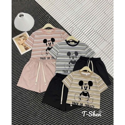 Bộ Đồ Thun Nữ Áo Cộc Tay Quần Short Họa Tiết Kẻ Sọc Mickey – Bộ Đồ Nữ Dễ Thương Mặc Nhà Đi Chơi
