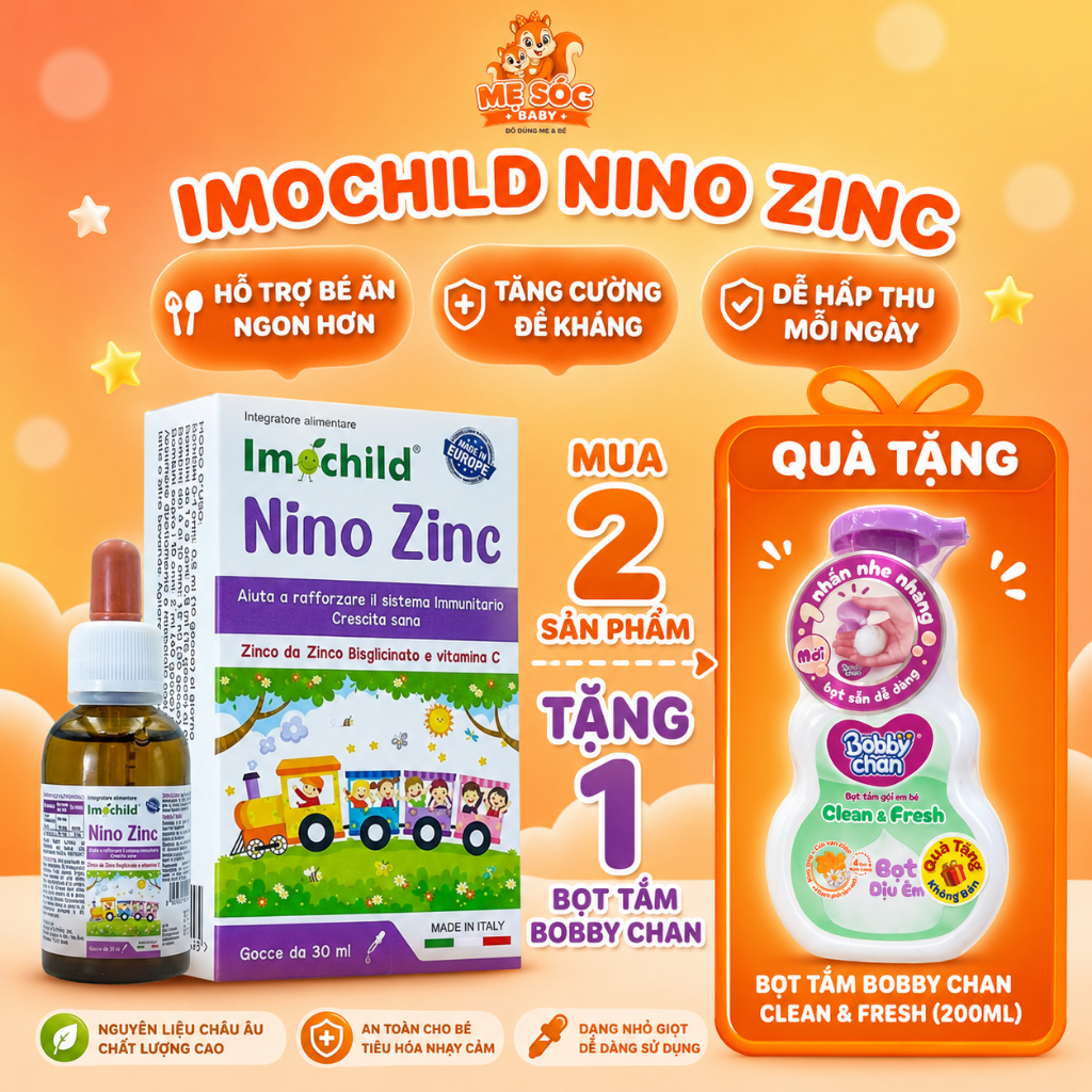 [ TẶNG BỌT TẮM] Combo 2 lọ Imochild Nino Zinc 30ml Nhỏ Giọt Bổ Sung Kẽm & Vitamin C Hỗ Trợ Tăng Đề K