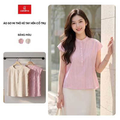 Áo sơ mi nữ CARDINA chất thô kẻ tay hến cổ trụ 6ASC19