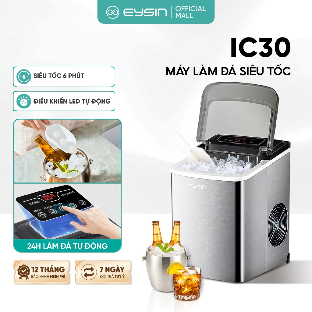 Máy Làm Đá EYSIN IC30 Làm Đá Viên Tự Động, Màn Hình Đếm Ngược, Hẹn Giờ Làm Đá, Chế Độ Tự Làm Sạch