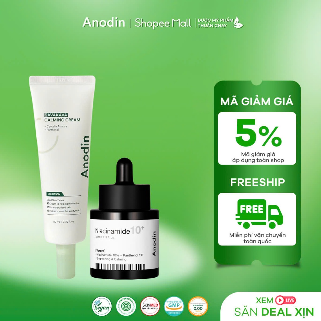 Combo dưỡng sáng mờ thâm cho da dầu mụn Anodin Kavakvava (Serum+Cream)