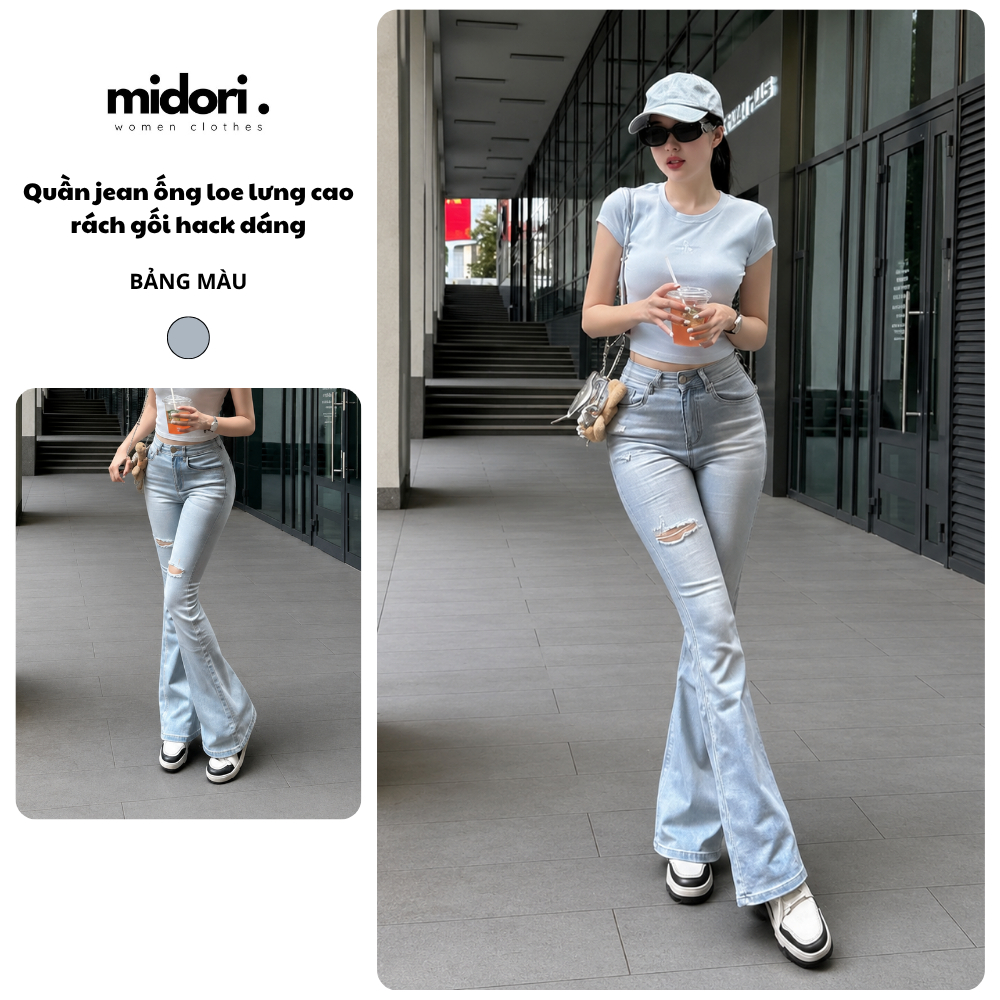 Quần jean nữ ống loe màu xanh bạc rách gối Midori Shop Quần bò loe lưng cạp cao denim mềm S038