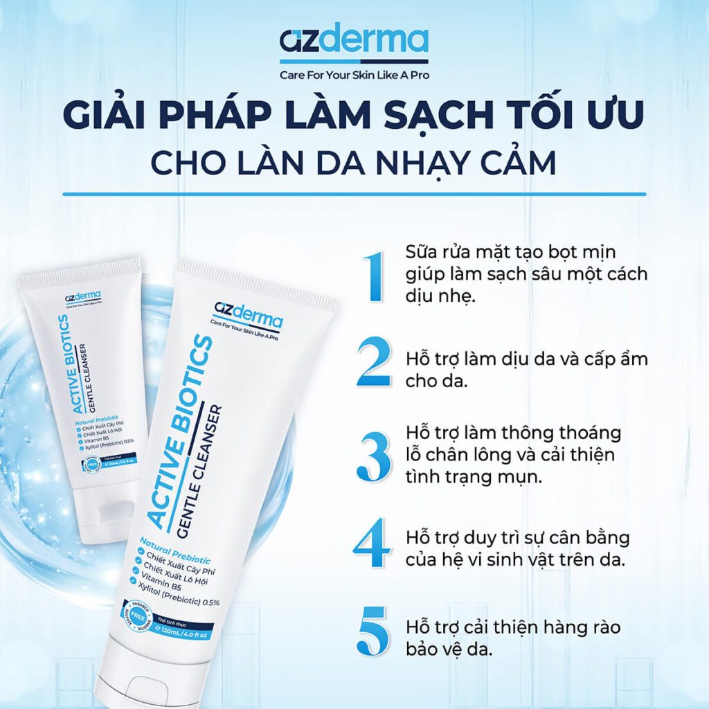 Sữa rửa mặt Azderma Active Biotics Gentle Cleanser dành cho da khô, da thường và da nhạy cảm duy trì