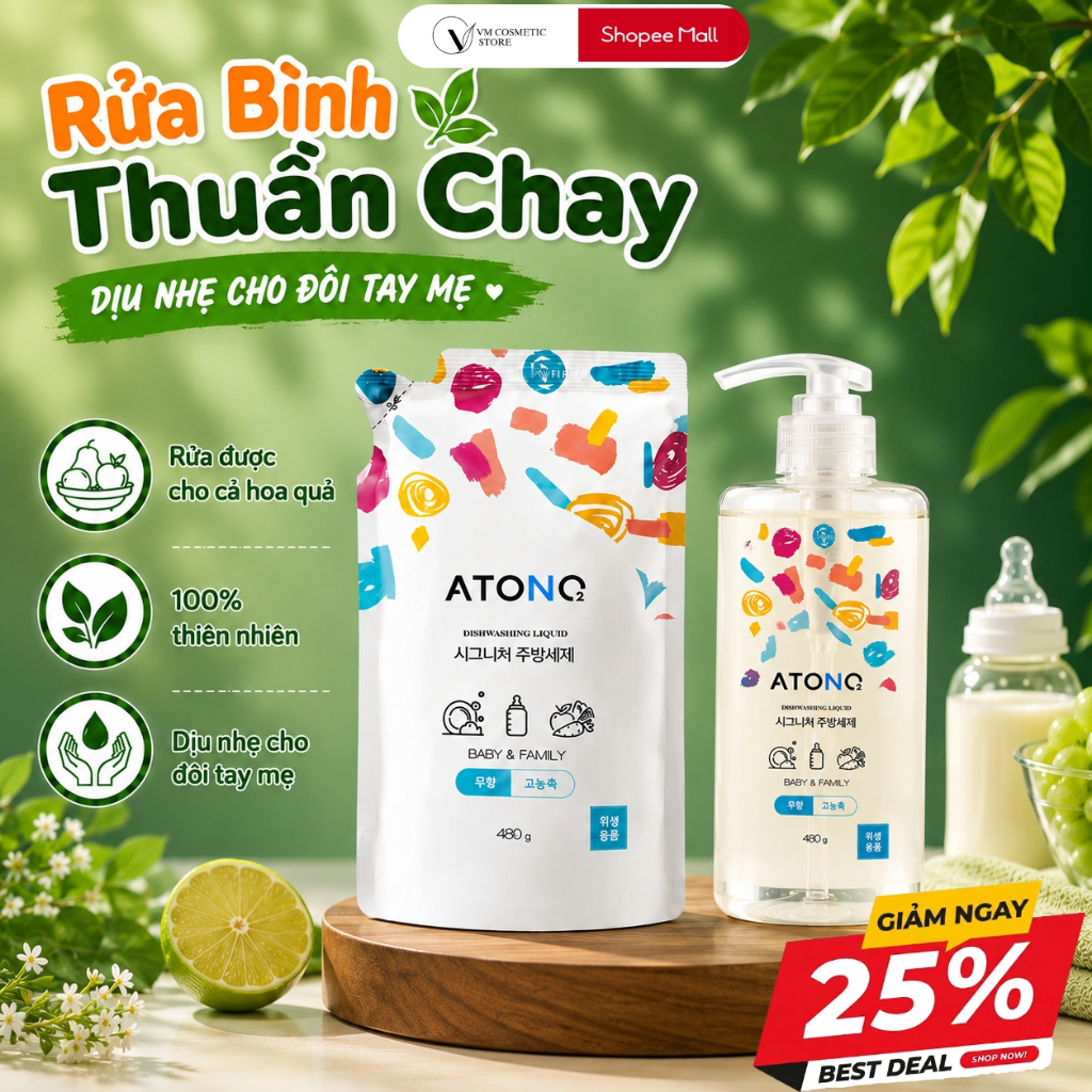 Nước rửa bình sữa, chén bát đậm đặc thuần chay ATONO2 Hàn Quốc, nước rửa rau củ quả cho bé
